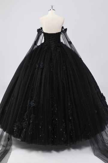 Sort balkjole Off the Shoulder Tyl Quinceanera kjole med 3D blomster